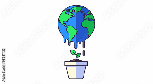 A melting globe illustration depicting environmental conservation, with a small plant growing in a pot, showcasing the impact of global warming from a creative viewpoint.