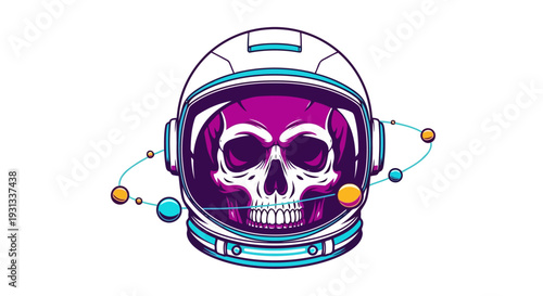 An astronaut skull illustration in space surrounded by orbiting planets and stars viewed from a futuristic perspective