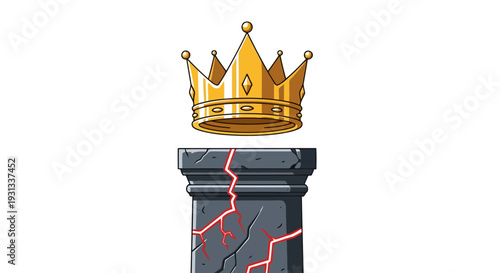 A golden crown rests atop a cracked stone pedestal, symbolizing power and fragility in a striking illustration viewed from the front.