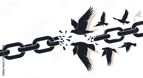 Illustration of birds flying free as they break through a heavy chain link, symbolizing liberation and freedom from constraints in a powerful display of strength and resilience.