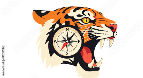 A cartoon tiger's head illustration with a compass embedded in its ear, symbolizing adventure and navigation, depicted in a graphic style.