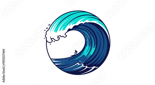 A blue wave illustration symbolizing ocean movement and energy in a circular design, viewed from the side, capturing the dynamic flow and power of the sea.