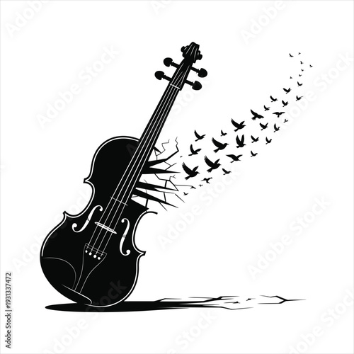Violin breaking into flying birds silhouette vector illustration art