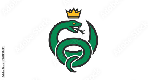 A green snake illustration with a crown on its head, curled and ready to strike, symbolizing power and royalty in a simple graphic representation.