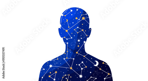 A person silhouette filled with constellation patterns and stars shining brightly in the night sky, viewed from the front, illustrating a cosmic representation