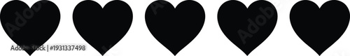Set of five black heart silhouettes, romantic love symbols for Valentine's Day, wedding decor, rating icons, and minimalist creative graphic design