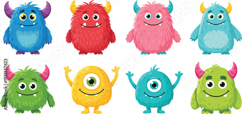 Cute Cartoon Monster Characters Set with Colorful Fur One Eyed and Horned Fantasy Creatures for Kids Design Vector Illustration