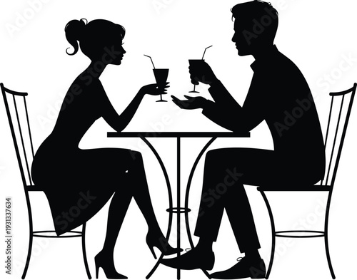 Silhouette couple sitting at café table, drinking with straws, romantic date conversation, black and white vector illustration artwork
