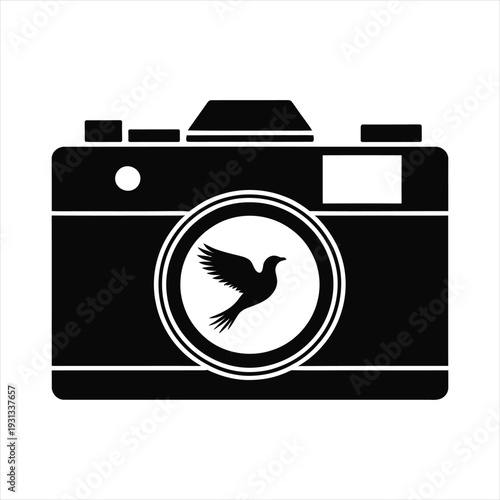 Vintage camera with bird in lens black and white vector illustration, photography hobby creative icon