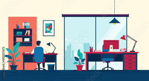 Modern Office Workspace Interior with Employee Working at Desk. Flat Design Illustration of Professional Co-Working Environment with City View.