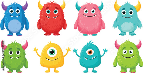 Cute Cartoon Monster Characters Set with Colorful Fur One Eyed and Horned Fantasy Creatures for Kids Design Vector Illustration