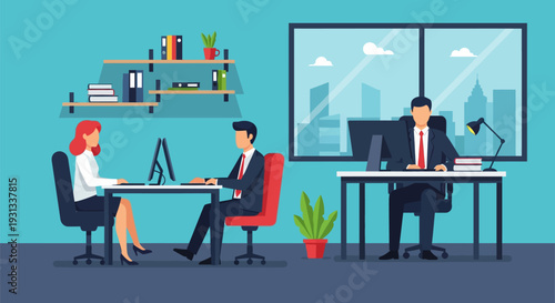 Professional Business Team Working at Desks in Modern Corporate Office. Flat Vector Illustration of Employees and Administrators.