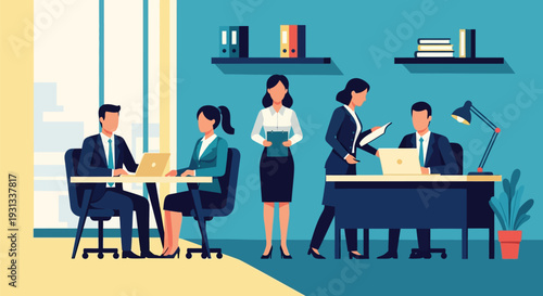 Professional Business Team Working in Modern Office. Flat Design Vector Illustration of Corporate Collaboration and Workflow.