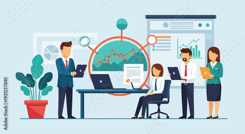 Collaborative Business Team Analyzing Data and Strategy. Flat Vector Illustration of Office Workflow, Growth, and Teamwork.
