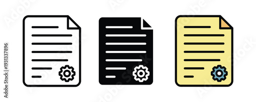 Document with gear settings icon set. Official paper with configuration symbol for technical documentation, contract processing, and administrative management design. Vector Illustration.