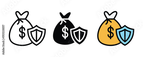 Money bag with shield icon set. Secure investment and financial protection symbol for banking, wealth safety, and insurance design. Vector Illustration.