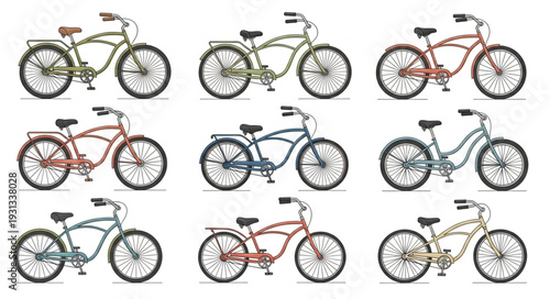 Collection of nine vintage cruiser bicycles in various colors.