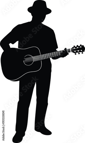 Silhouette of musician playing acoustic guitar, casual performer with hat, artistic black and white vector illustration of music scene