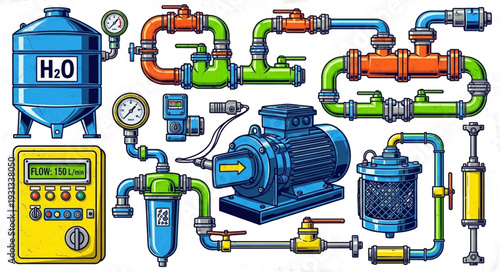 Industrial plumbing and water system components illustration.
