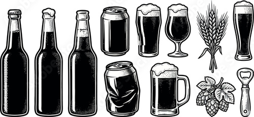 Glass Bottles Aluminum Cans Draft Beer Mugs Wheat Stalks and Hop Cones for Craft Brewery Branding Pub Menu Design and Artisanal Beverage Marketing Vector Illustration Set
