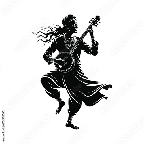Traditional indian man playing ektara folk instrument silhouette vector illustration on white background