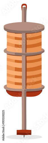 Vertical meat rotisserie with stacked meat layers and handle