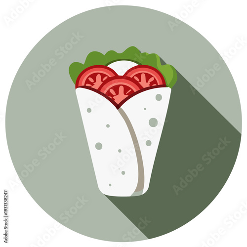 Delicious veggie wrap with tomato slices and lettuce, fresh light meal with flat design, healthy food icon, burrito