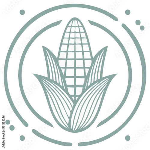 Abstract emblem featuring a stylized corn cob with leaves within a circular design