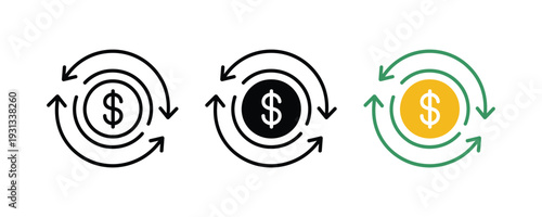 Dollar coin with circular refresh arrows icon. Financial symbol for currency exchange, cash flow, investment returns, and money circulation. Vector Illustration.