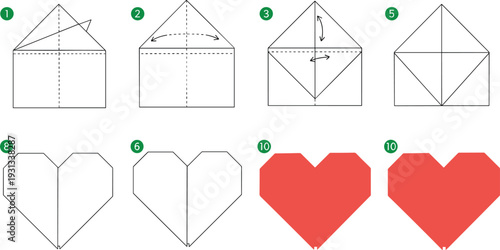 Step by Step Paper Heart Origami Folding Instructions Diagram with Envelope Style Valentine Craft Tutorial Vector Illustration