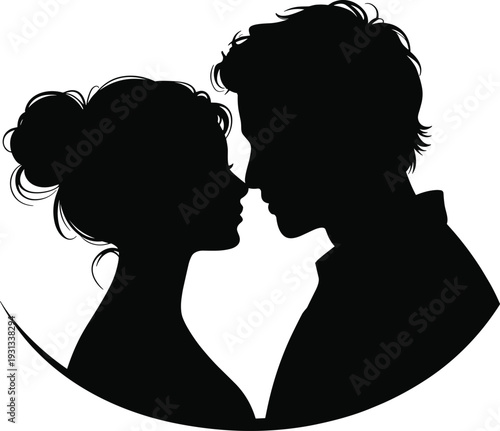 Silhouette of romantic couple facing each other closely, intimate affectionate moment with decorative curved frame, black and white vector artwork