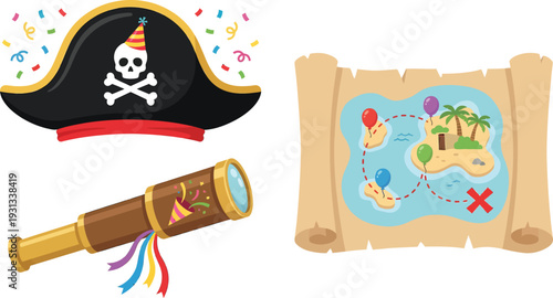Pirate Hat Telescope Treasure Map Illustration