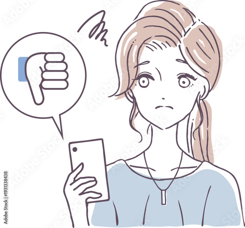 SNSで低評価ボタンを押す女性　ベクターイラスト素材