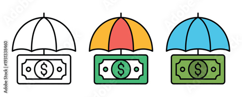 Money insurance and financial protection icon set. Dollar banknote under an umbrella symbol for investment security, savings safety, and risk management design. Vector Illustration.