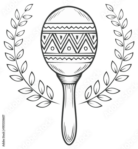 Maraca illustration, shaker musical instrument drawing, laurel wreath frame vector graphic. Latin American music element, percussion icon, detailed artwork