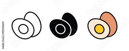 Boiled egg and half sliced egg icon set. Breakfast protein symbol for healthy food, nutrition, and cooking ingredient design. Vector Illustration.