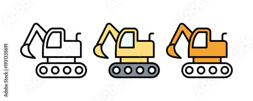 Excavator crane and construction machinery icon set. Heavy equipment symbol for building, digging, and industrial engineering design. Vector Illustration.