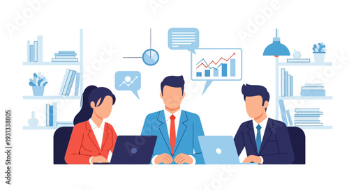 Corporate Business Team Meeting: Professionals Discussing Financial Strategy, Data Analysis, and Teamwork in an Office Setting. Vector Illustration.