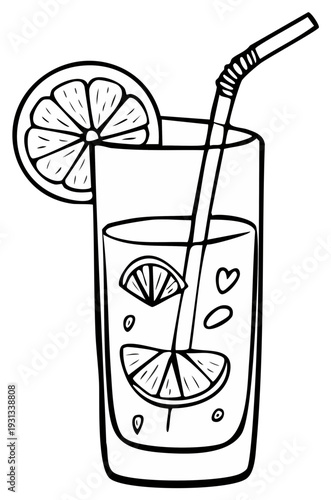 Refreshing Citrus Drink with Slices and Straw in Tall Glass Hand Drawn Style
