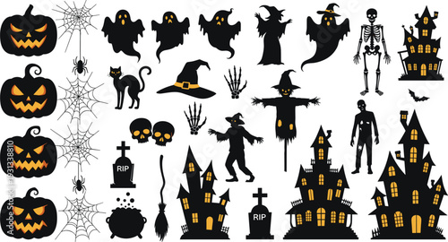 Halloween Silhouette Vector Set with Pumpkins, Ghosts, Haunted Houses, Witch, Skeleton, Cat and Spooky Decorations