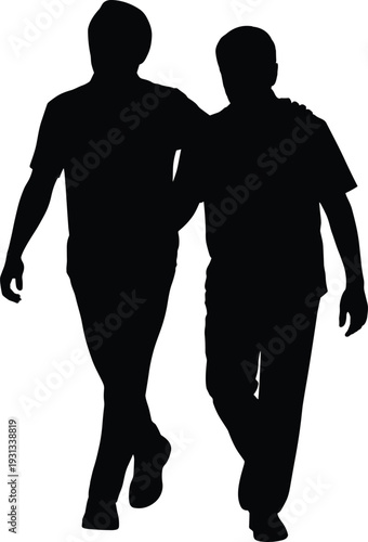 Silhouette of two people walking side by side, arm around shoulder gesture of friendship, support and unity, black and white vector artwork