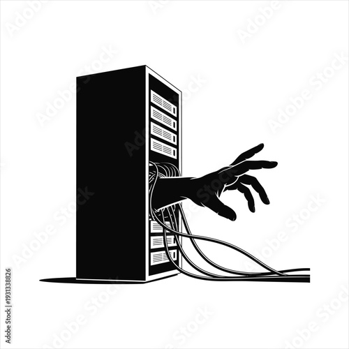 Hand reaching out from server rack, data theft and computer security concept