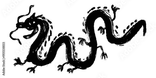 Brush paint ink asian dragon vector for cultural martial arts logos. Ideal for symbolizing traditional eastern mythology, raw artistic power, and grunge oriental folklore.