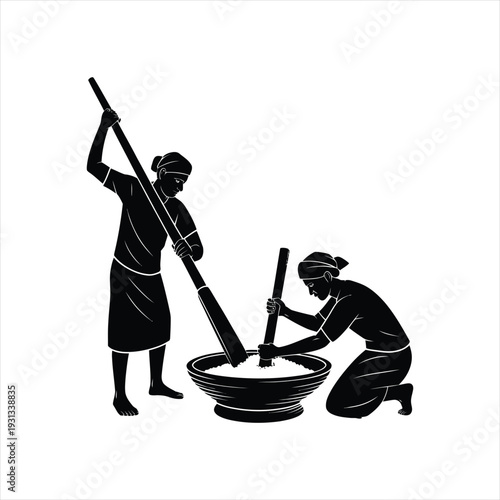 Two people using mortar and pestle for grinding grains, traditional food preparation concept