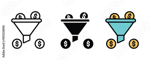 Money funnel and financial conversion icon set. Dollar coins processing through a funnel symbol for sales pipeline, investment ROI, and revenue management design. Vector Illustration.