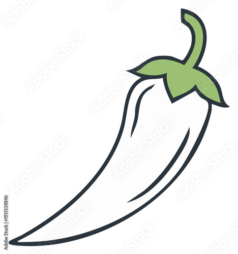 Stylized pepper illustration with green stem and outline of a white pepper vegetable vector graphic for cooking or spicy food themes