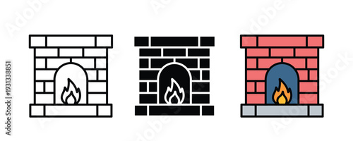 Classic brick fireplace with burning fire icon set. Traditional hearth symbol for home interior, warmth, and winter comfort design. Vector Illustration.