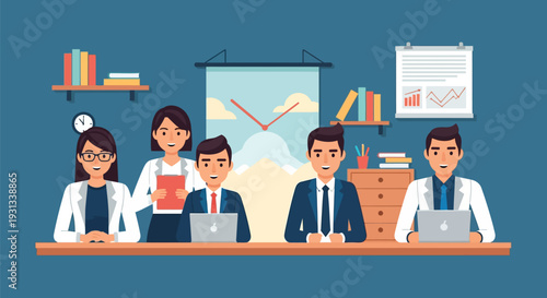 Corporate Team Meeting: Diverse Business Professionals Collaborating in Modern Office. Presentation, Teamwork, and Success in Flat Vector Illustration.