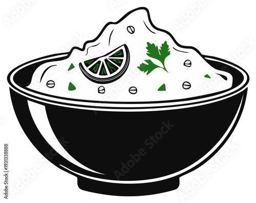 Bowl of White Dip Topped with Lime Slice and Parsley Garnish