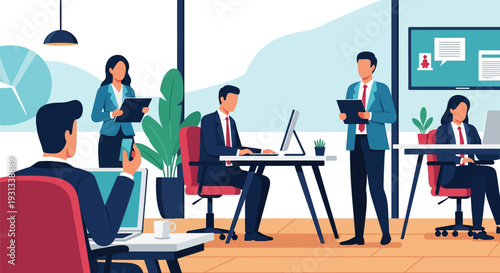 Corporate Business Team Working in Modern Office. Professional Collaboration and Productivity Vector Illustration.
